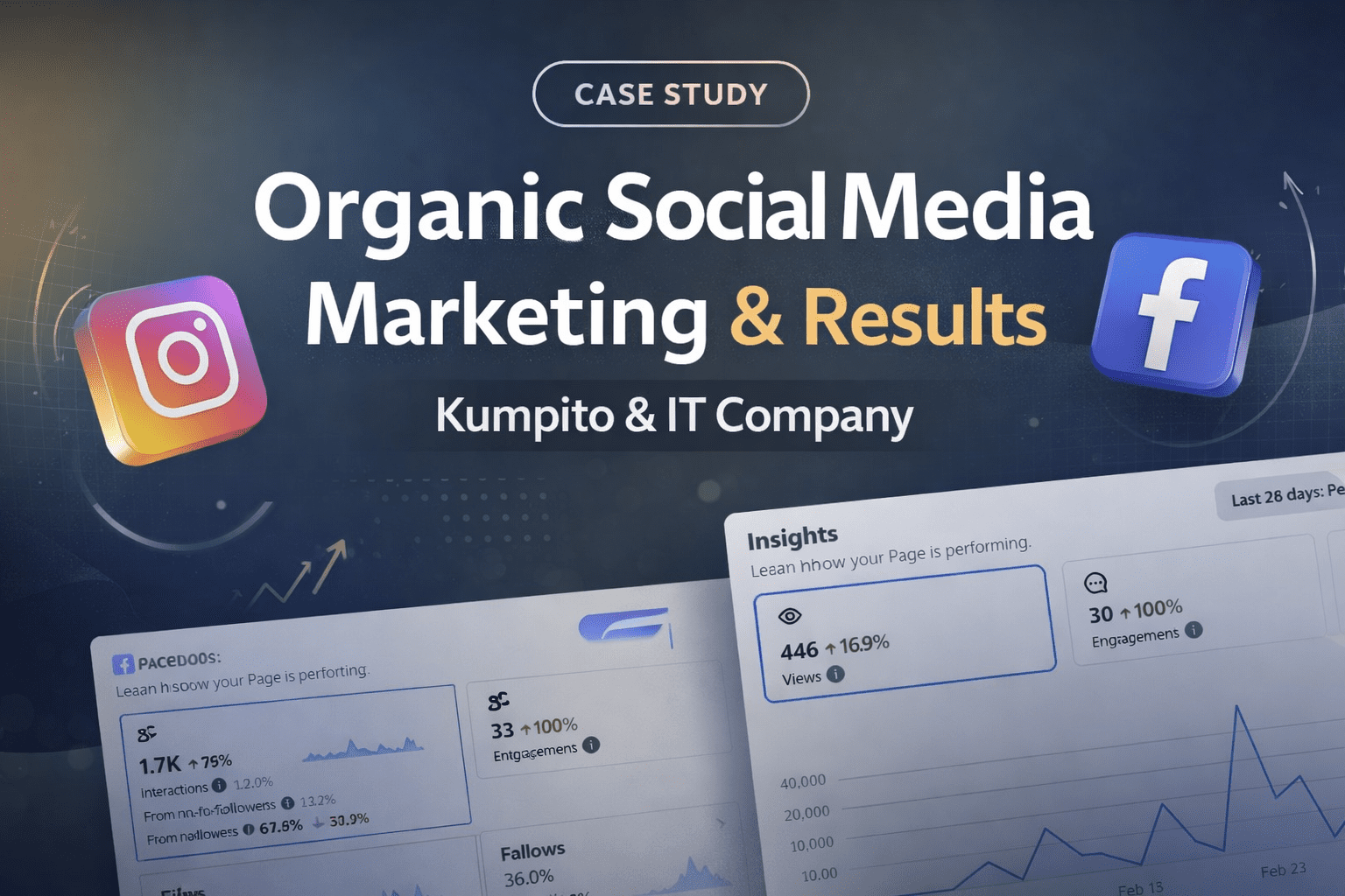 Organic social media marketing case study showing Facebook and Instagram analytics results for Kumpito and IT company.