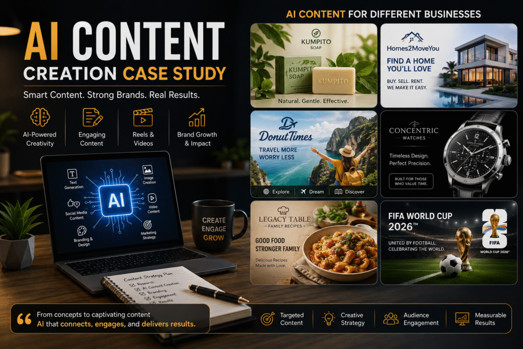AI content creation case study image showing different business sectors, content planning notes, and benefits like engagement, branding, and targeted content in a professional, modern layout.
