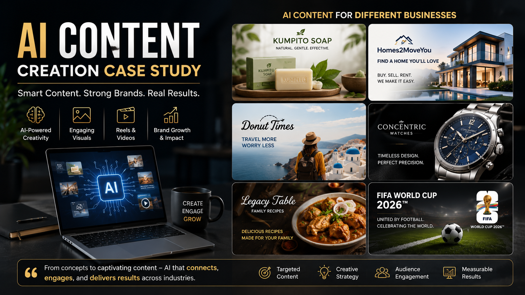 Infographic detailing a case study about AI-driven content creation, highlighting key findings and strategies.