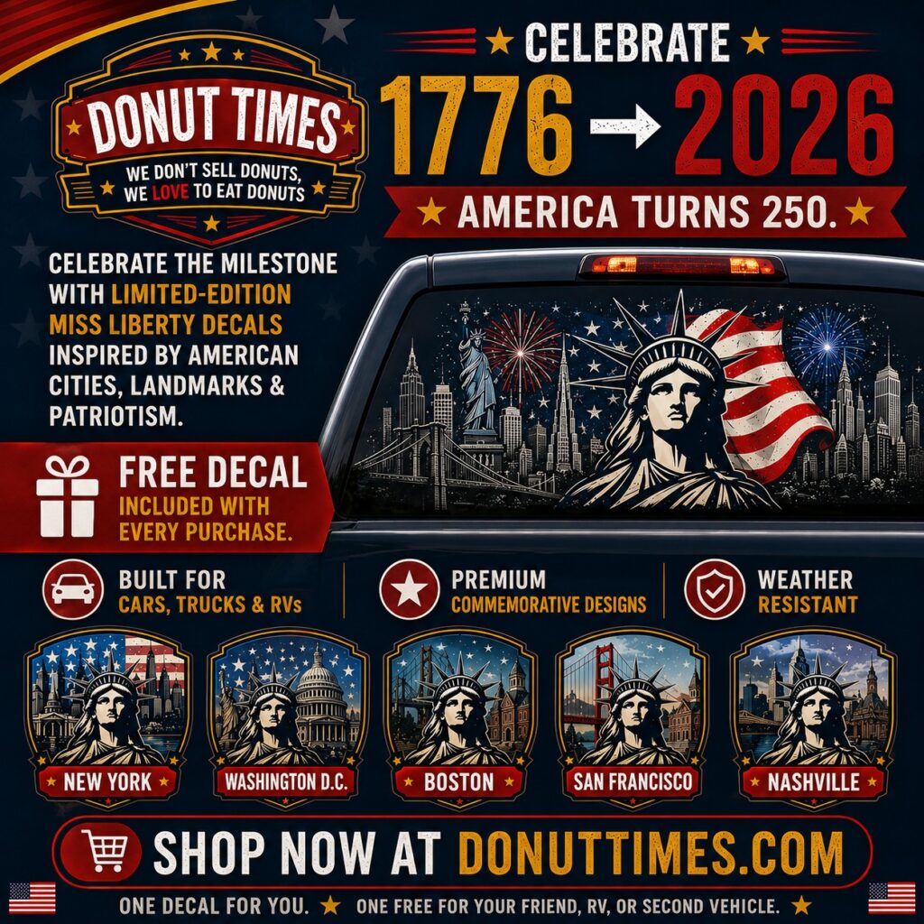 A festive donut display promoting America's birthday sale with red, white, and blue decorations.