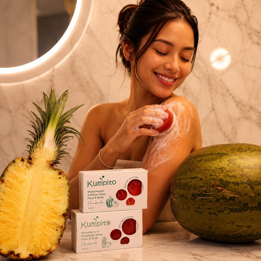 A woman uses a piece of fruit to wash her face, emphasizing a natural and healthy beauty regimen.